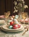 Easter table setting with colored eggs and cutlery, in a beautiful room interior, 3D