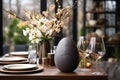 Easter table setting with egg, spring blossom flowers. Generative AI Royalty Free Stock Photo