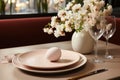Easter table setting with egg, spring blossom flowers. Generative AI Royalty Free Stock Photo
