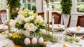 Easter Table Setting. A elegantly styled table setting with delicate sparkling glassware, and tastefully arranged Easter