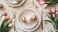 Easter table setting with golden eggs, tulips, and festive decorations. Generative AI Royalty Free Stock Photo