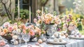 Easter table setting with painted eggs, spring flowers and crockery