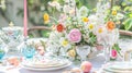 Easter table setting with painted eggs, spring flowers and crockery