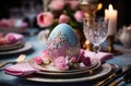 easter table setting with paper napkin and egg, pink and blue Royalty Free Stock Photo