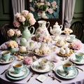 Easter table setting with pastel colored cups and teapot. generative ai