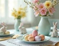Easter table setting with pastel eggs and bunny figurines. Spring flowers in vases add festive cheer. Soft light creates a Royalty Free Stock Photo
