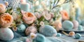 Easter table setting with pink and blue Easter eggs. Easter morning. Generative AI Royalty Free Stock Photo