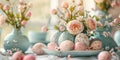 Easter table setting with pink and blue Easter eggs. Easter morning. Generative AI Royalty Free Stock Photo