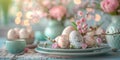 Easter table setting with pink and blue Easter eggs. Easter morning. Generative AI Royalty Free Stock Photo