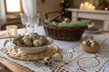 Easter table setting with quail eggs. Rustic table setting with quail eggs for Easter holiday Royalty Free Stock Photo