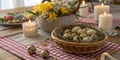 Easter table setting with quail eggs. Rustic table setting with quail eggs for Easter holiday Royalty Free Stock Photo
