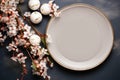 Easter table setting with spring blossom flowers. Generative AI Royalty Free Stock Photo