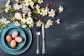 Easter table setting with spring blossom flowers. Generative AI Royalty Free Stock Photo