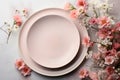 Easter table setting with spring blossom flowers. Generative AI Royalty Free Stock Photo