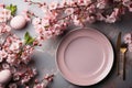 Easter table setting with spring blossom flowers. Generative AI Royalty Free Stock Photo