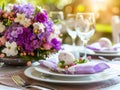 Easter table setting, springtime party table decor with flowers, eggs and beautiful details, spring festive home party Royalty Free Stock Photo