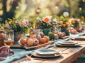 Easter table setting, springtime party table decor with flowers, eggs and beautiful details, spring festive home party Royalty Free Stock Photo