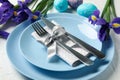Easter table setting on white background Royalty Free Stock Photo