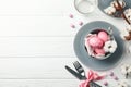 Easter table setting on white wood background Royalty Free Stock Photo