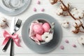 Easter table setting on white wood background Royalty Free Stock Photo