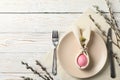 Easter table setting on white background, top view Royalty Free Stock Photo