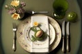 Easter table settings with knife, fork, tables, flowers and an eggs. Green table clothes. Happy holiday card.