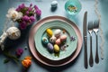 Easter table settings with knife, fork, tables, flowers and an eggs. Green table clothes. Happy holiday card.