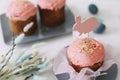 Easter table with Easter cakes, painted eggs and tree branches. Kulich decorated with icing.  Happy Easter concept Royalty Free Stock Photo