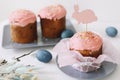 Easter table with Easter cakes, painted eggs and tree branches. Kulich decorated with icing.  Happy Easter concept Royalty Free Stock Photo