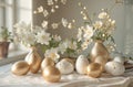 an Easter tablescape full of gold and white eggs on white cloth Royalty Free Stock Photo