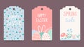 Easter tags, labels with cute banny. Trendy Easter design with typography, hand drawn strokes and eggs, bunny ears in