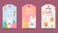 Easter tags, labels with cute bunny. Trendy Easter design with typography, hand drawn strokes, flowers and eggs, bunnies