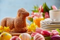 Easter tea table with a speciality lamb cake Royalty Free Stock Photo