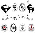 Easter template set with easter eggs hand drawn letters and leaves, black on white background. Decorative elements collection with