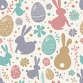 Easter texture with colourful eggs, bunnies and flowers. Seamless pattern. Vector Royalty Free Stock Photo