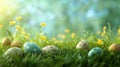 Easter theme background, featuring a soft grassy texture with hidden eggs, ideal for a springtime design Royalty Free Stock Photo