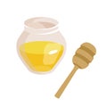 Easter theme. Dietary food. Food for Lent time. Transparent jar with honey. Wooden stick for honey