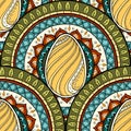 Easter theme mandala with doodle egg. Ethnic floral pattern. Henna mehndi tribal seamless background