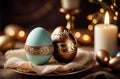 Easter theme, spring flowers and painted eggs. Royalty Free Stock Photo