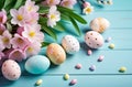 Easter theme, spring flowers and painted eggs. Royalty Free Stock Photo