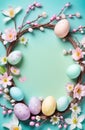 Easter theme, spring flowers and painted eggs. Royalty Free Stock Photo