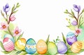 Easter theme, spring flowers and painted eggs. Royalty Free Stock Photo