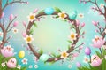Easter theme, spring flowers and painted eggs. Royalty Free Stock Photo