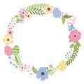Easter theme wreath with eggs, flowers and leaves. Spring holiday greeting card design