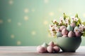 Easter themed backdrop with Easter decorations, spring flowers and eggs, pastel colours