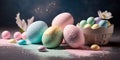 Easter-themed background with pastel colors and eggs Generative AI