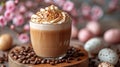 An Easter-themed coffee drink with a beautifully crafted layer of milk foam, served with small pastel colored eggs