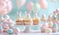 Easter-themed cupcakes with bunny decorations and pastel-colored eggs Royalty Free Stock Photo