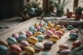 Easter-themed Eggs and Flowers on Kitchen Table Royalty Free Stock Photo