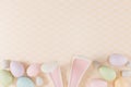 Easter themed image featuring pastel eggs and bunny ears against a soft background. 3d rendering